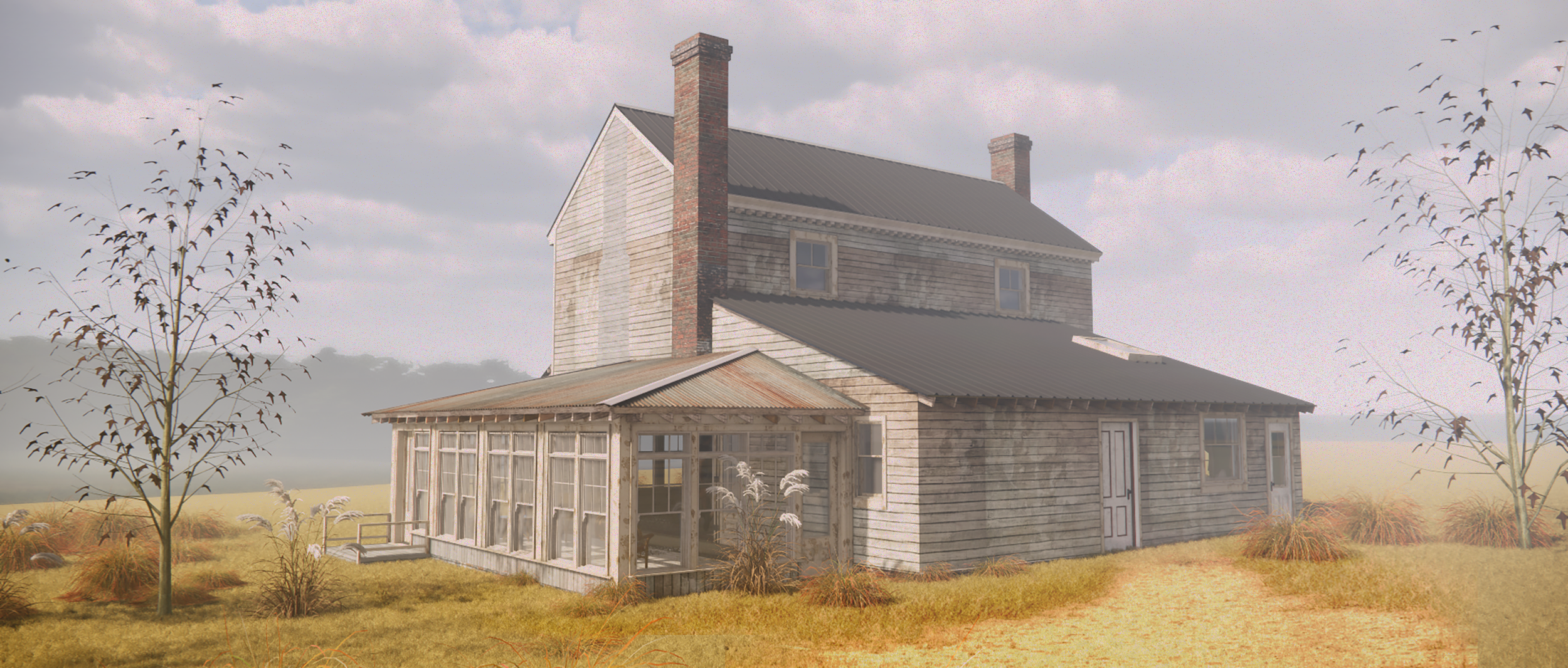 A weathered, wooden two-story house with a metal roof, chimneys, and enclosed porch, surrounded by tall grass and leafless trees in a rural landscape under cloudy skies.