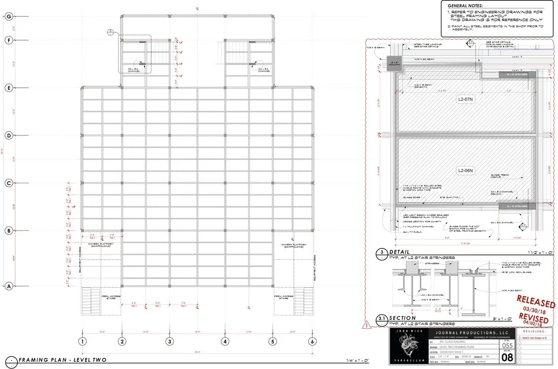 A detailed architectural framing plan for level two of a building, including grid lines, measurements, and construction notes.