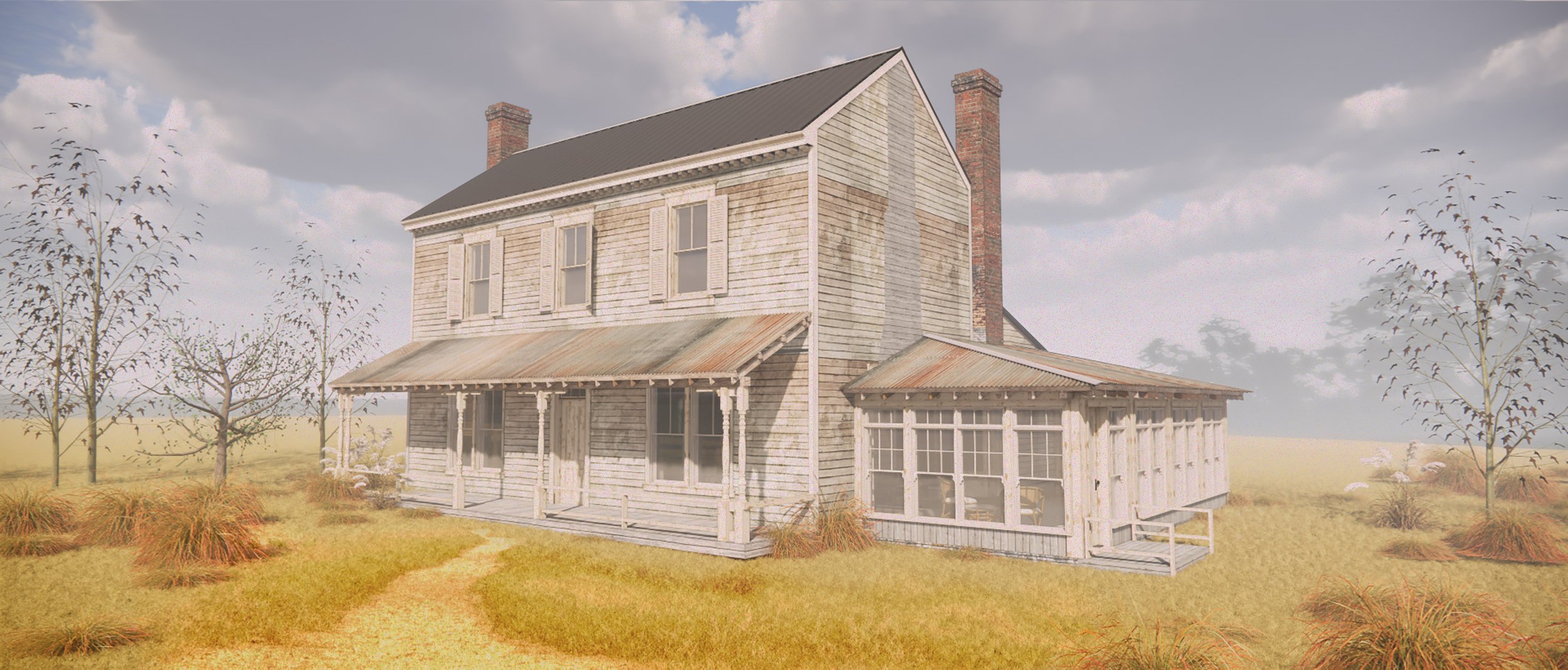 A weathered two-story wooden house with a wraparound porch, surrounded by leafless trees and grassy land, under a cloudy sky.