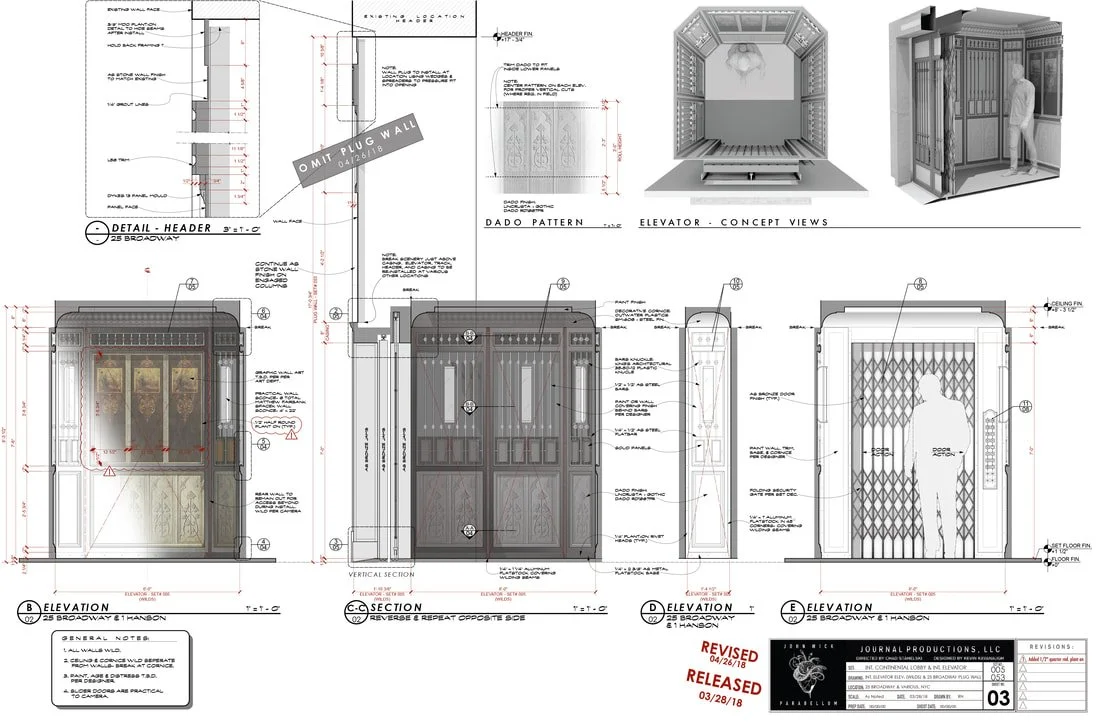 Architectural blueprint of an elevator design including detailed sections, pattern design, and conceptual views of the elevator interior and exterior.