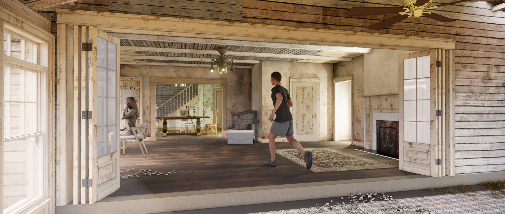 An interior of a house in disrepair with two people. A man in shorts jogging through the house, and a woman sitting in a chair speaking on the phone. The house has peeling paint, broken windows, and a cluttered, semi-abandoned appearance.