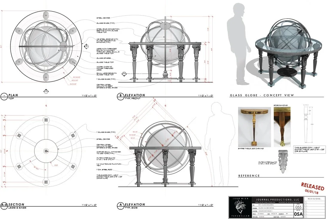 Detailed technical drawings and a 3D concept rendering of a large glass globe on a table with decorative, carved legs, showing top view, front and side elevations, and a human figure for scale.