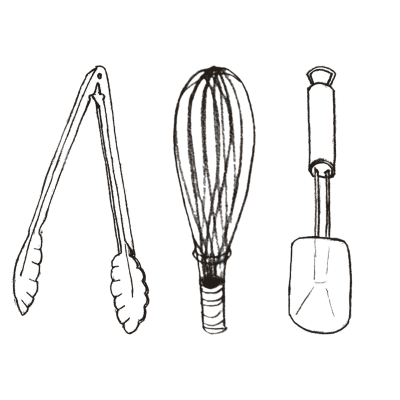 Line drawing of a pair of tongs, a whisk, and a spatula, all kitchen utensils.
