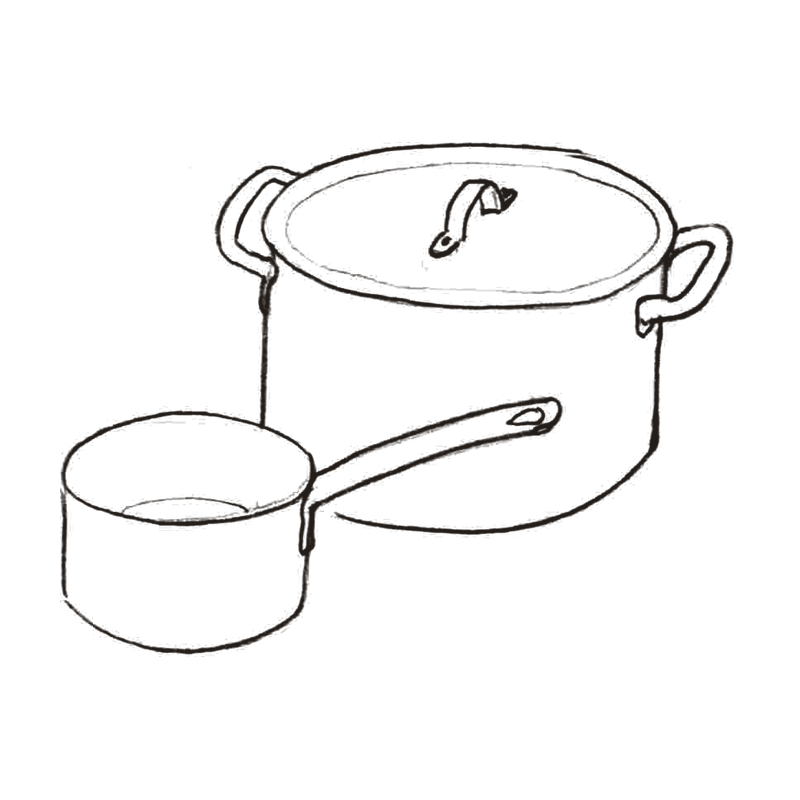 Line drawing of a large pot with a lid and a small saucepan, both used for cooking.