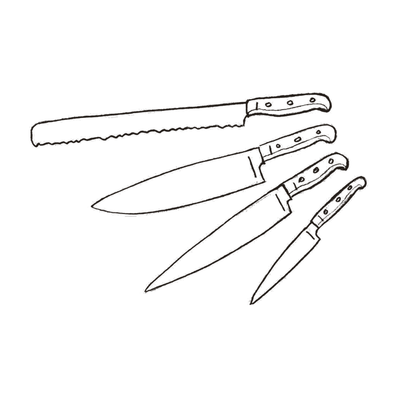 Outline drawing of three kitchen knives with handles, set against a black background.