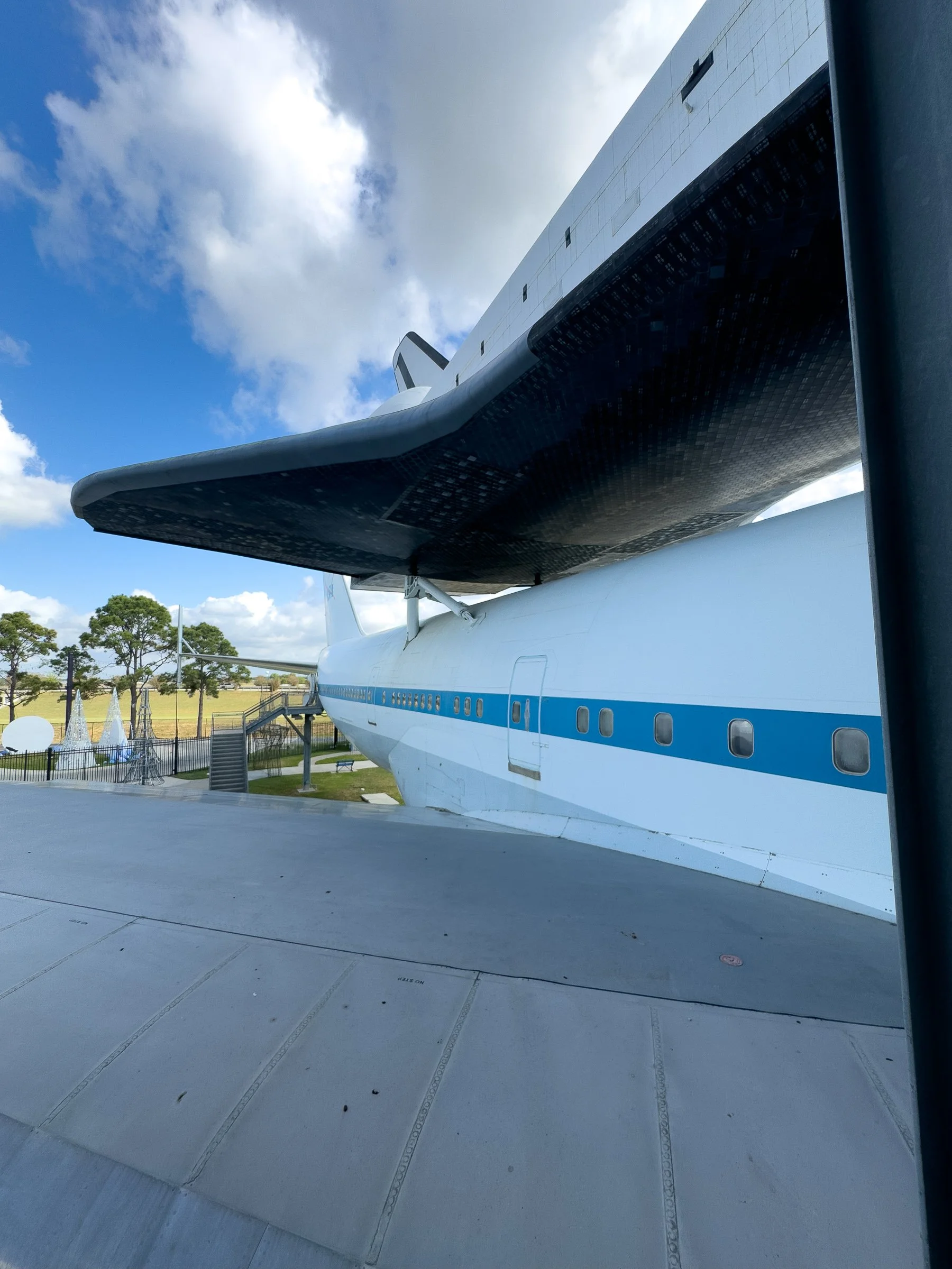 The Independence shuttle (mockup) on top of a NASA modified Boeing 747 (real).