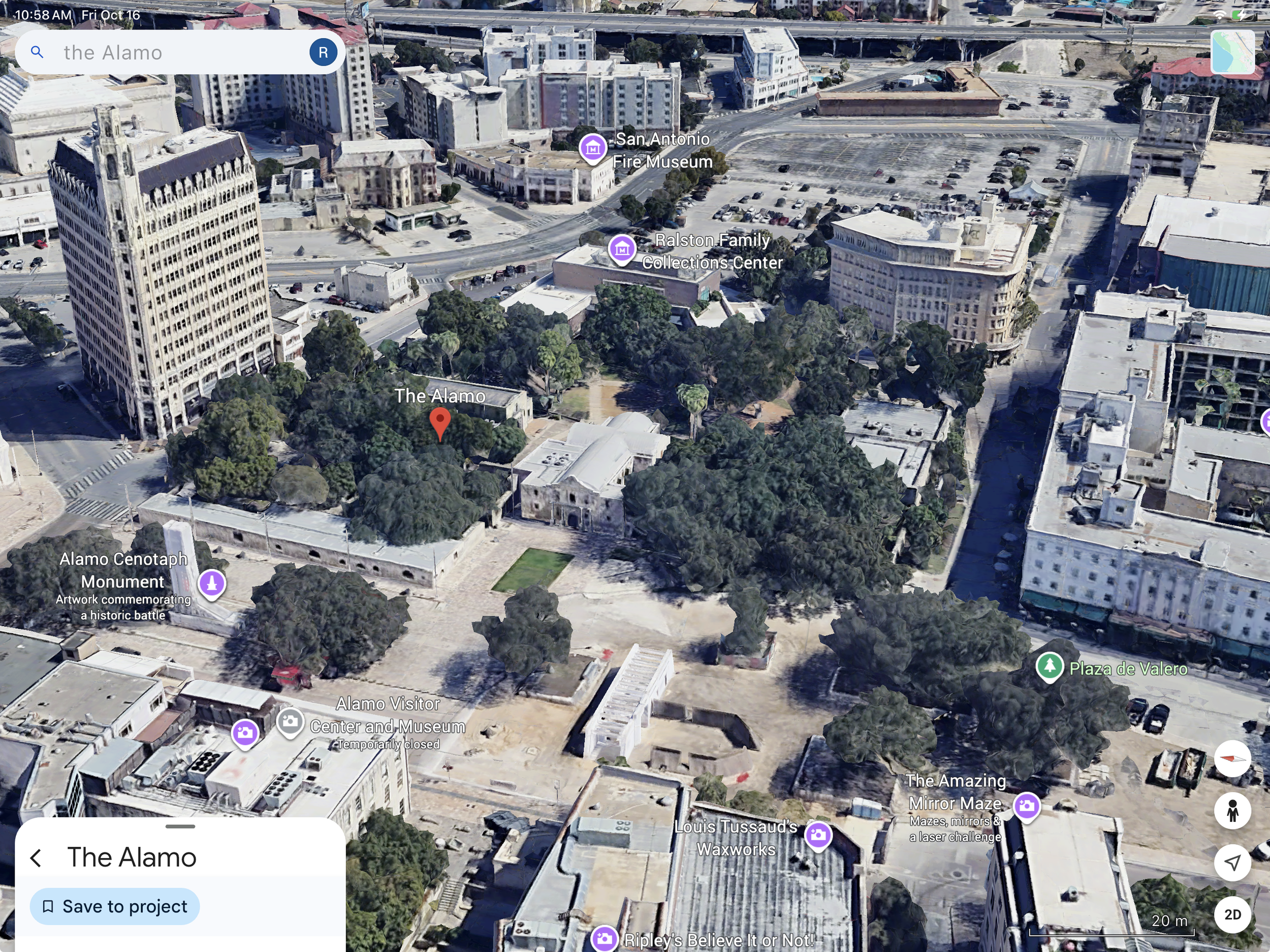 Google Map image of the Alamo amongst neighboring structures.