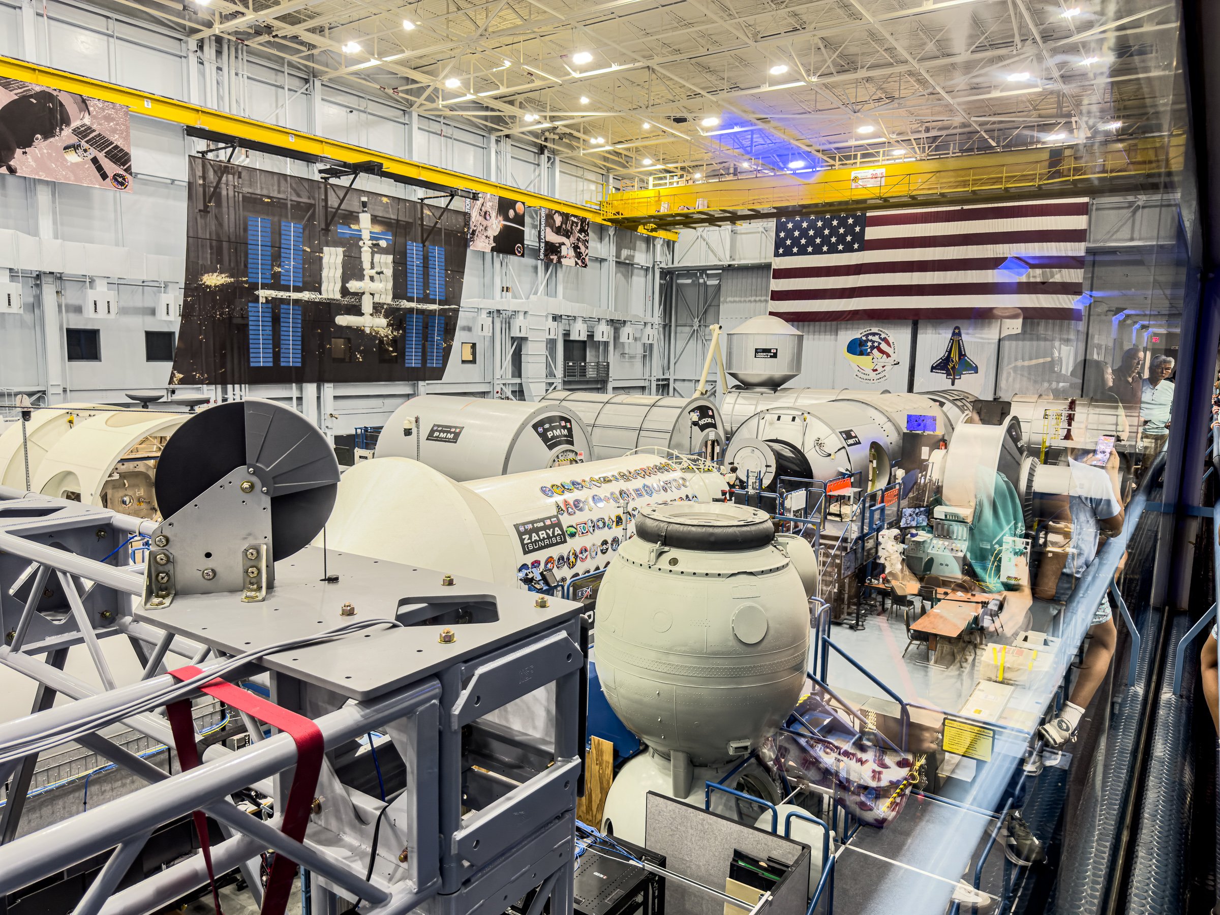Space Lab Modules from various nations with the Russian Soyuz (small green capsule) in front.