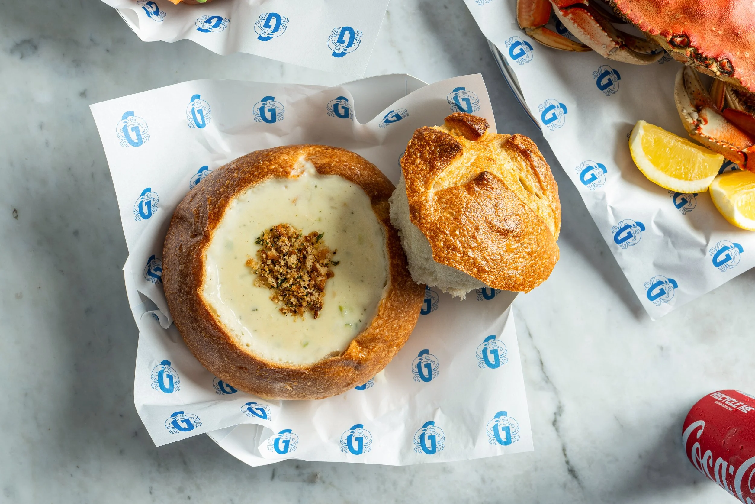 Clam Chowder Bread Bowl with Dungeness Crab on the side