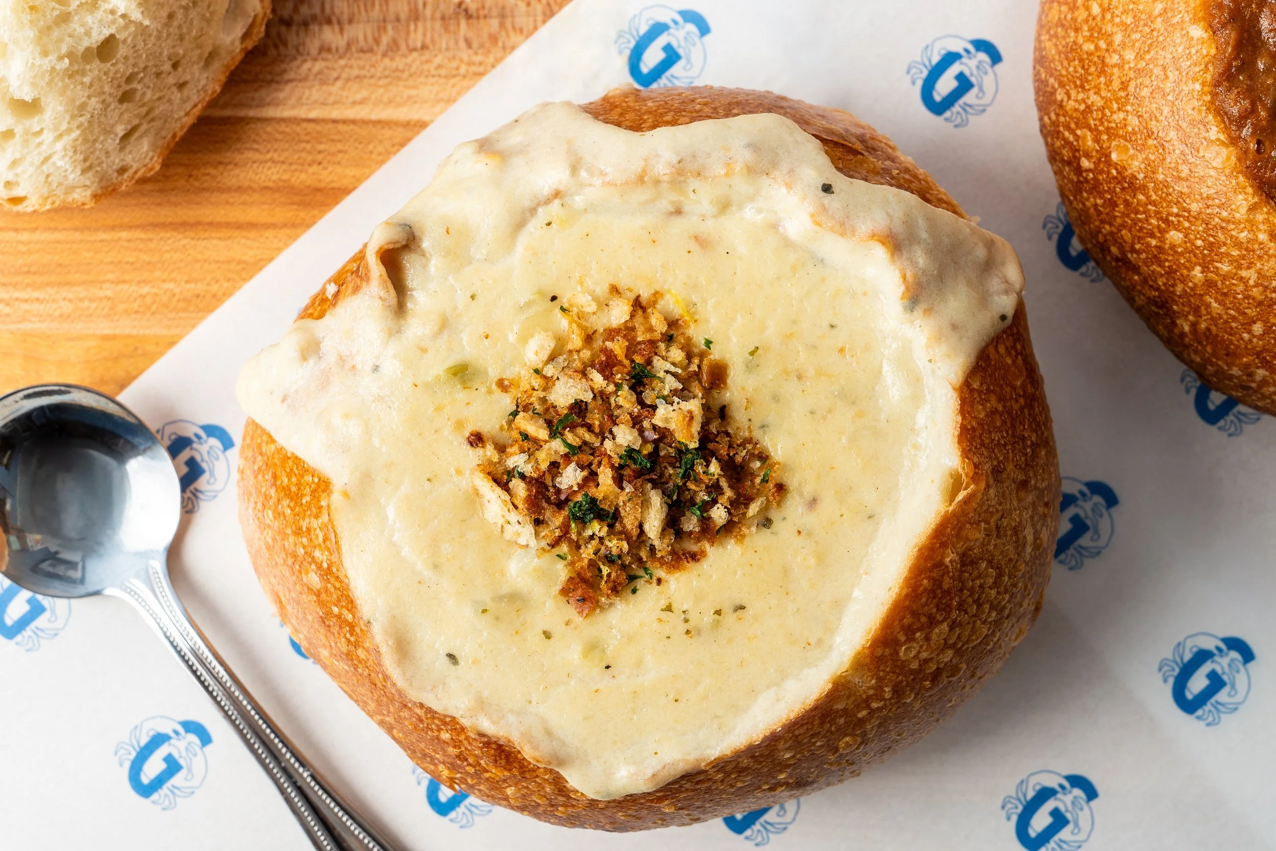 Clam chowder in a sourdough bread bowl