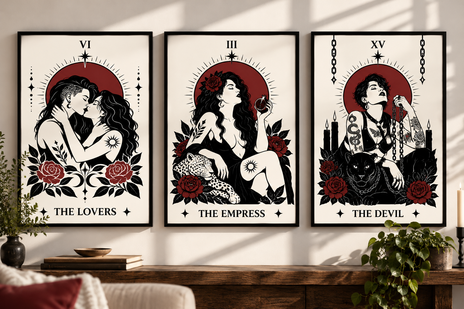 Triptych of black, white, and red tattoo-style illustrations of tarot card characters: The Lovers, The Empress, and The Devil, with romantic and mystical themes, floral and animal motifs.