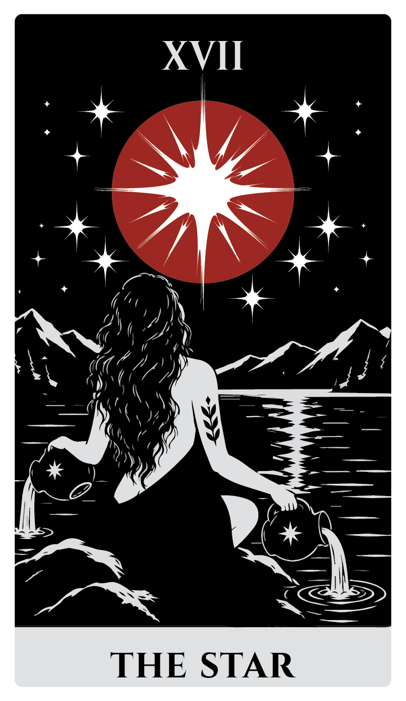 Tarot card titled "The Star" featuring a woman with long wavy hair sitting by a lake, pouring water from two pitchers, with snow-capped mountains and a night sky filled with stars and a large bright star.