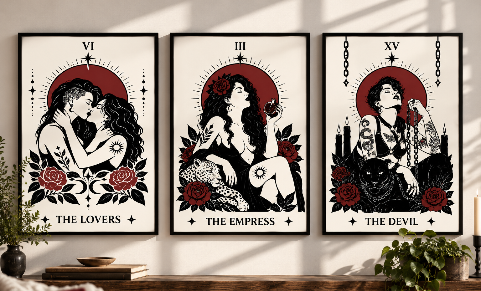 Three tarot-style posters on wall featuring dark-themed illustrations: 'The Lovers' showing a romantic couple, 'The Empress' depicting a woman with a leopard and flowers, and 'The Devil' with a woman sitting with a black panther, with candles and chains.