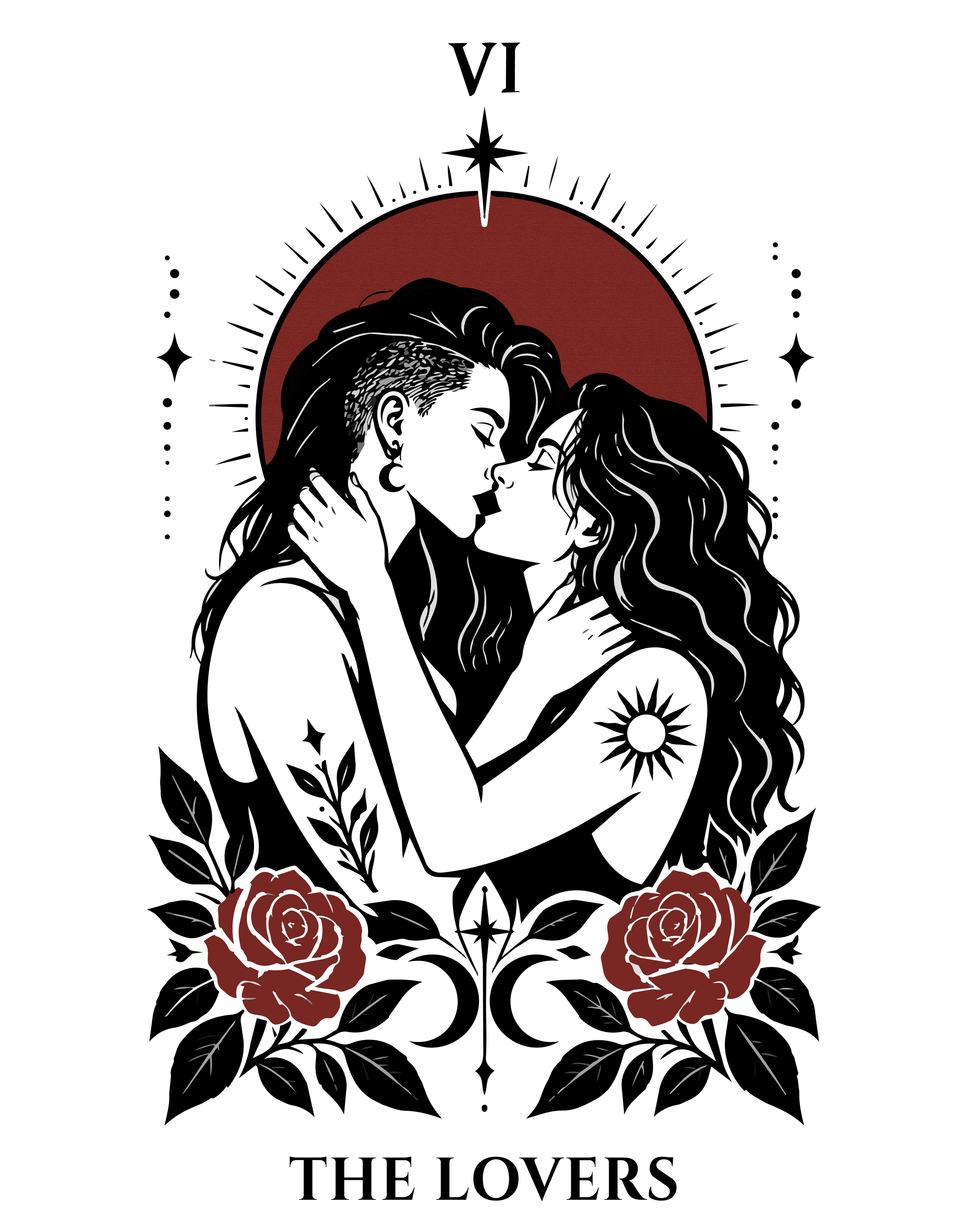 A tarot card titled "The Lovers" showing two women about to kiss with a heart-shaped background, surrounded by roses and decorative elements.