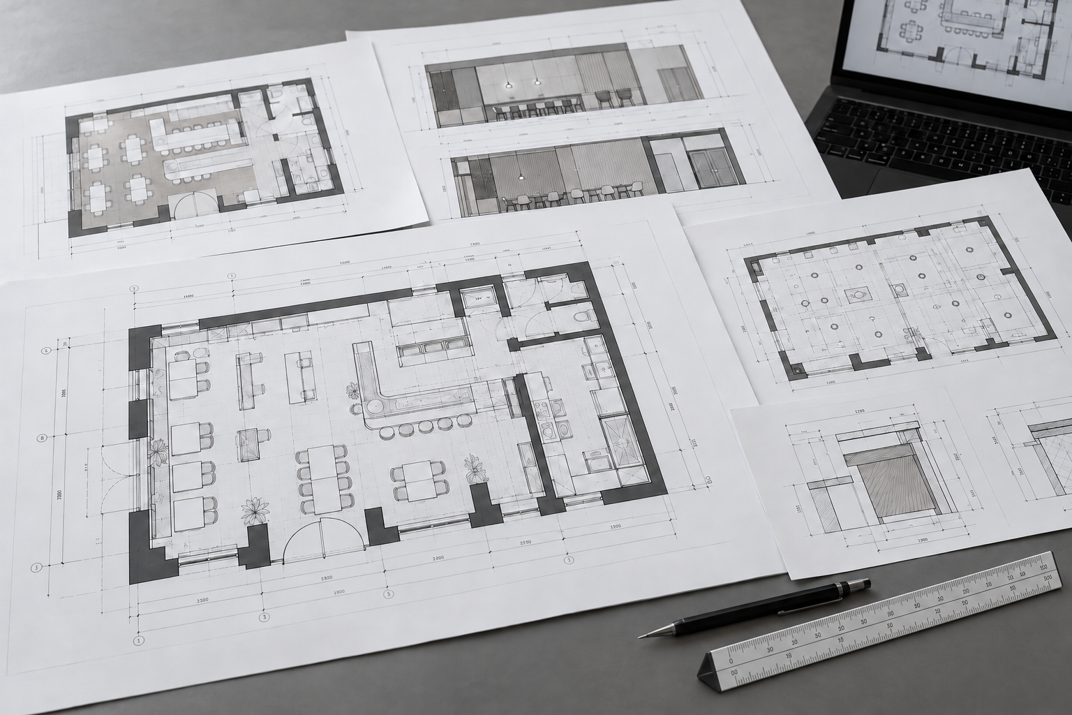 建築設計図や間取り図を広げた机と、図面を表示するノートパソコン、ペン、三角スケール