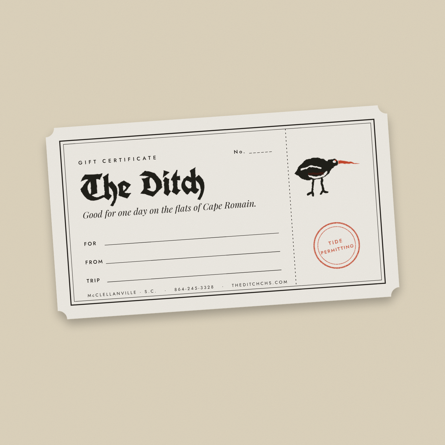 Gift certificate titled 'The Ditch' with a small illustration of a bird and a red stamp that says 'Tide Permitting', set on a light surface.