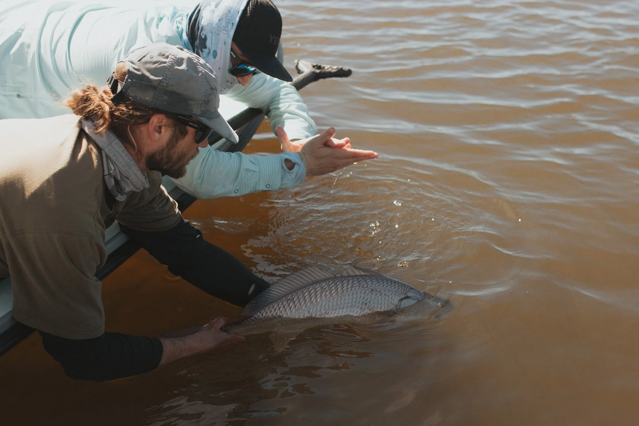 Two men are releasing a large fish back into the water during daytime.