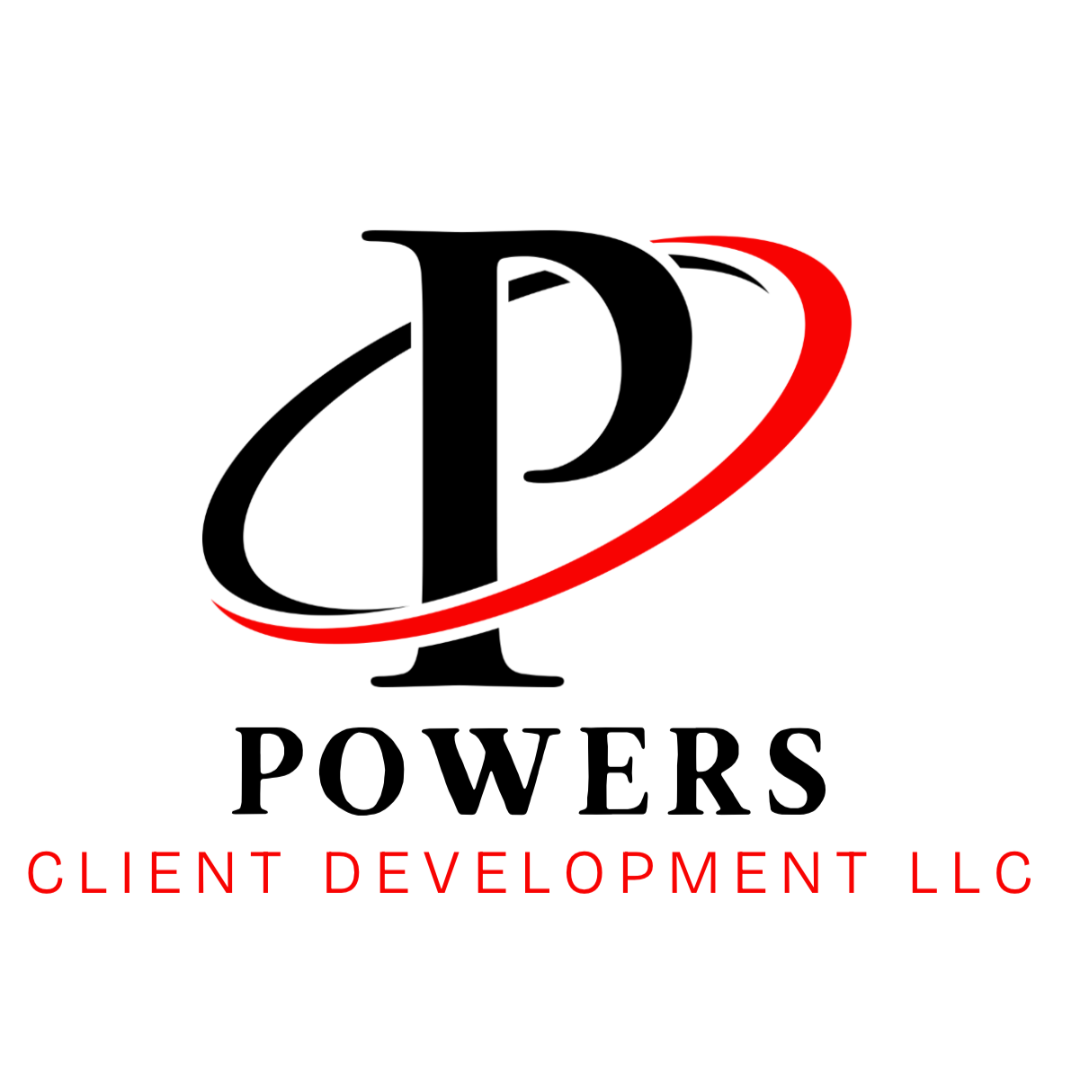 Logo with a large black 'P' inside an orbit-like red and black swoosh, with the word 'POWERS' below in black and 'CLIENT DEVELOPMENT LLC' underneath in red.
