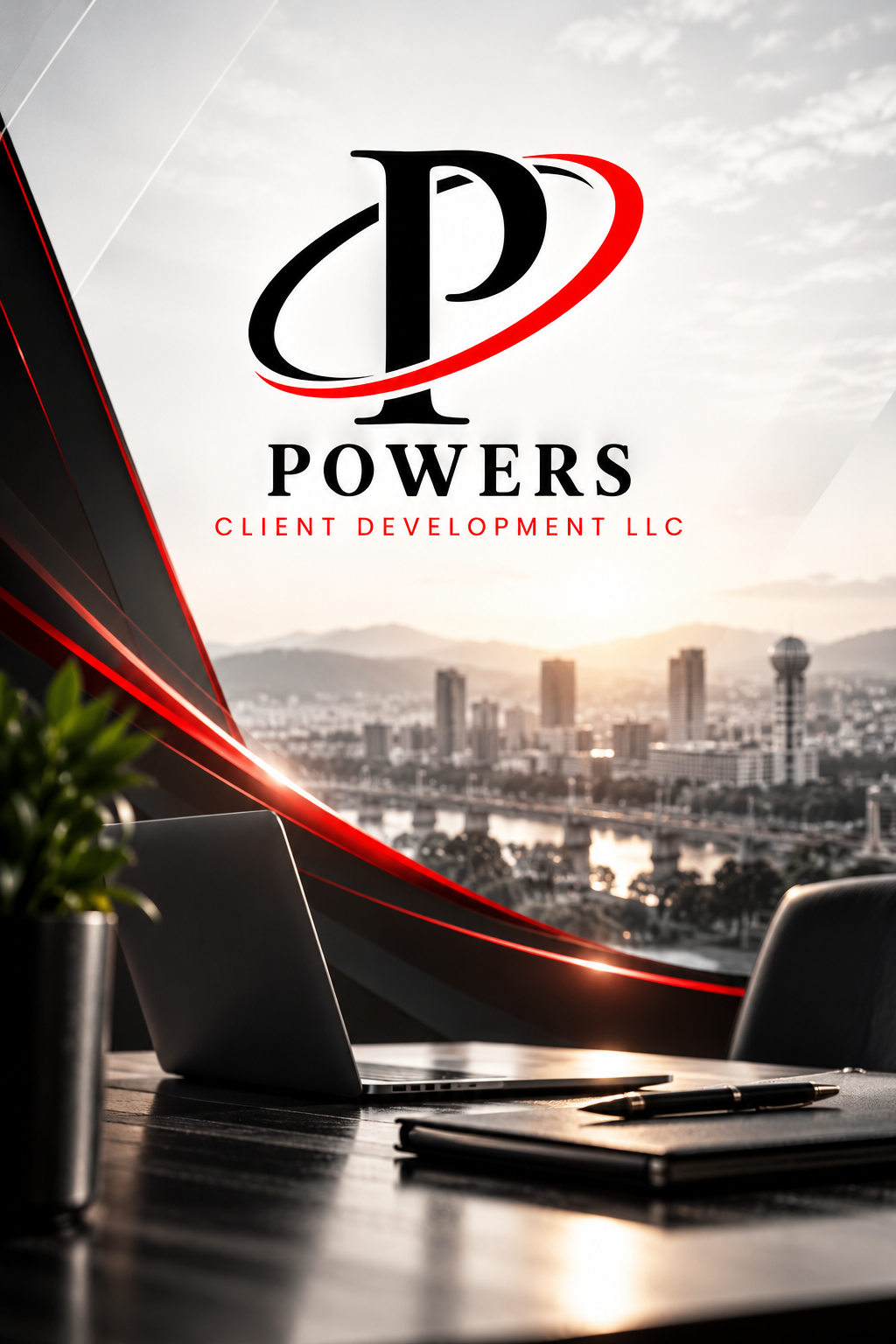 Business desk with open laptop, notebook, pen, and potted plant, overlooking cityscape at sunset with Powers Client Development LLC logo on window.