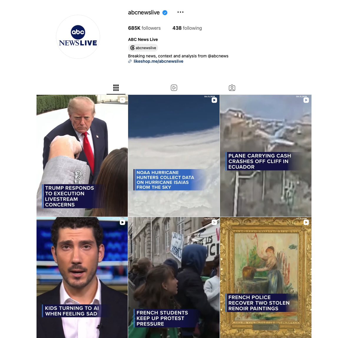 ABC News Live | Instagram

When I joined ABC News in 2022, ABC News Live's Instagram account had fewer than 25,000 followers. Over the next three years, I helped grow the account to more than 500,000 followers through a strategy centered on real-time