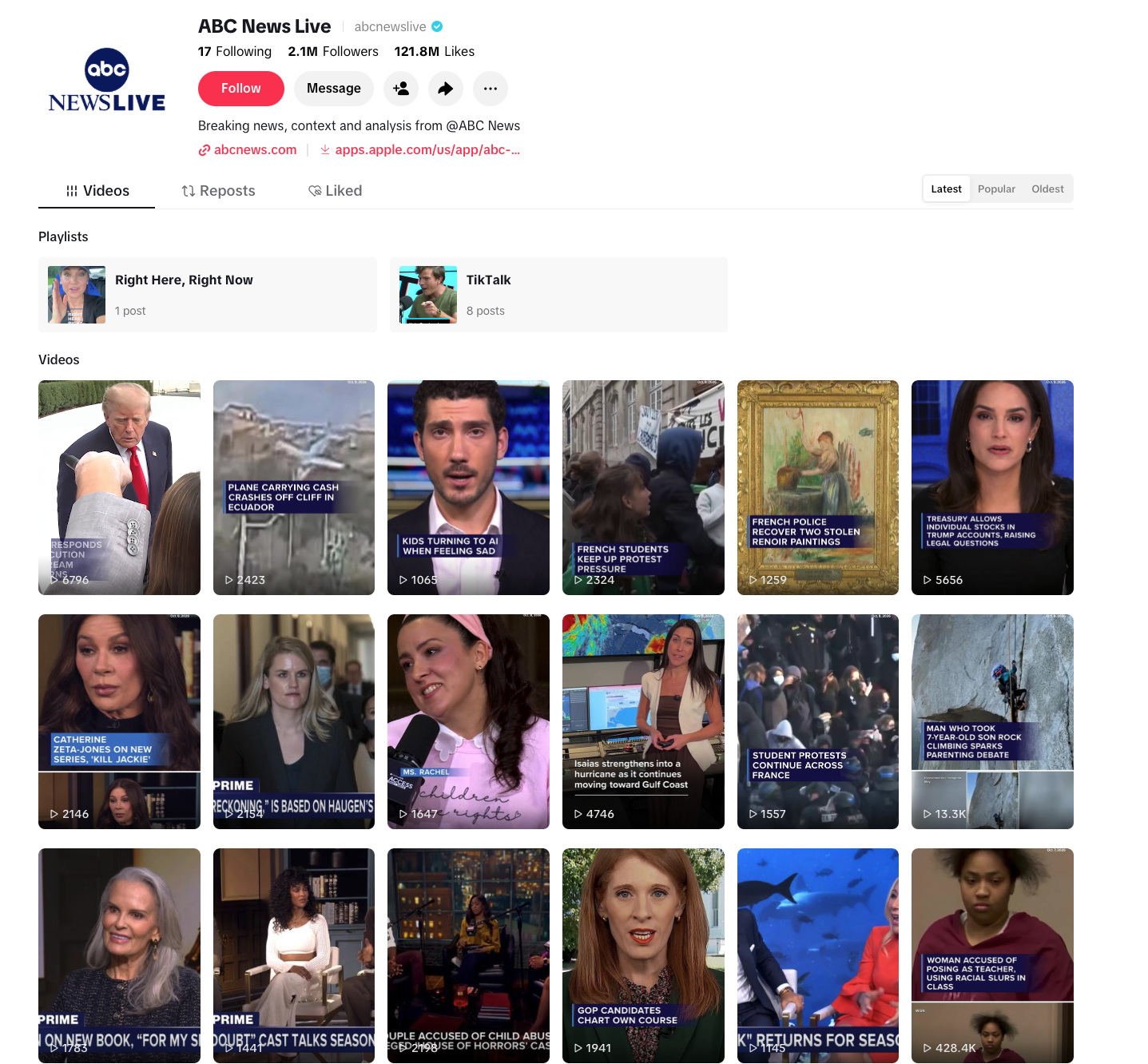 ABC News Live | TikTok Strategy & Audience Growth

Launched ABC News Live's TikTok account in spring 2024, growing it to 1.4 million followers by the end of the year. Led a team of social media producers in identifying, clipping and distributing key 