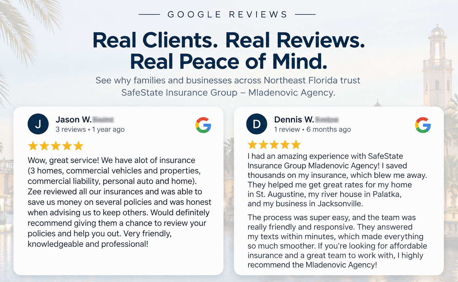 SafeState Insurance Group - Mladenovic Agency is consistently 5 star rated for their home insurance, auto insurance, and commercial insurance knowledge in the Jacksonville, FL and St Augustine, FL market.
