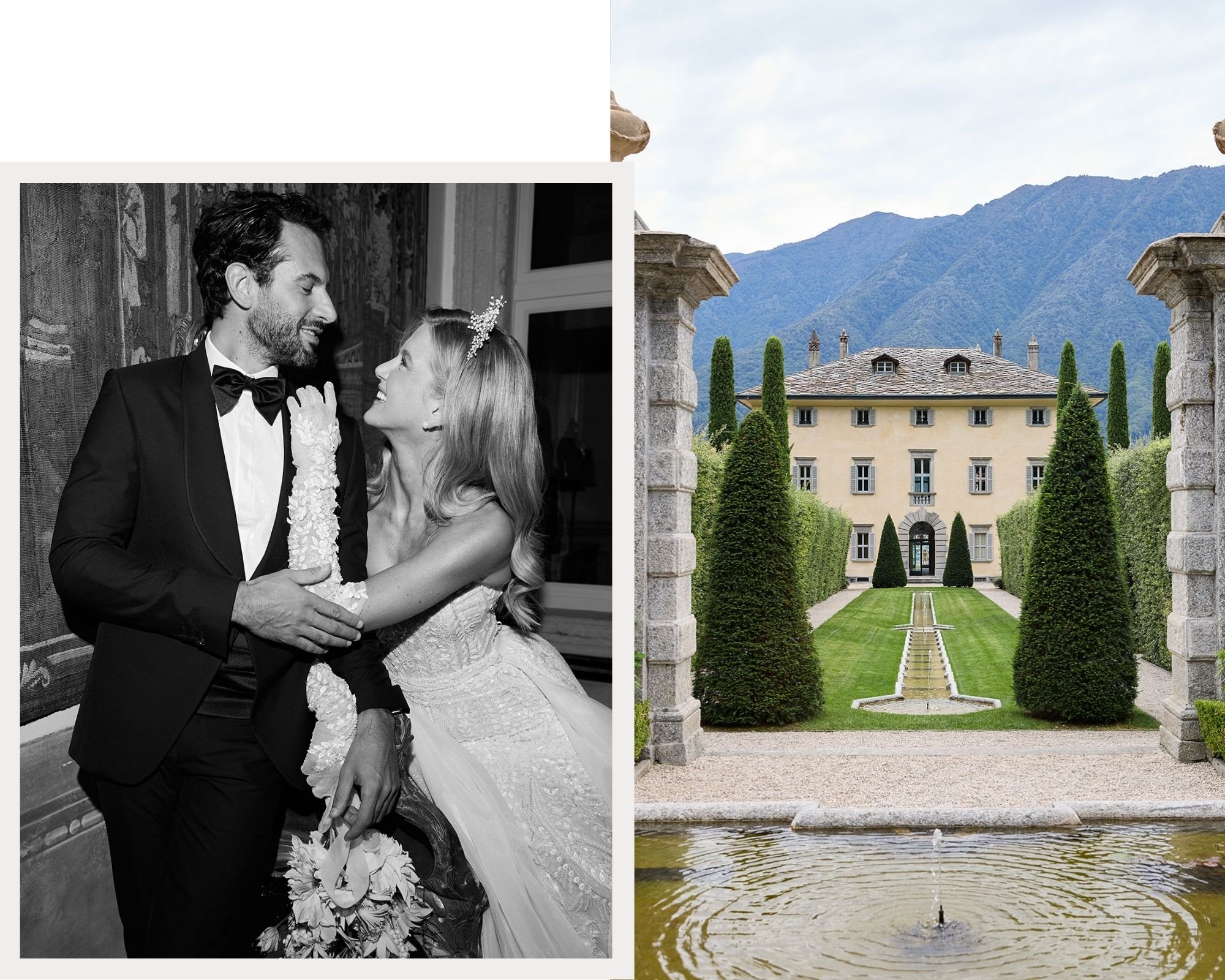 Ein glückliches Brautpaar, das sich bei ihrer Hochzeit umarmt, im Schwarz-Weiß-Foto auf der linken Seite. Auf der rechten Seite ein prächtiges, historisches Anwesen mit gepflegtem Garten, hohen Tannenbäumen, Wasserbecken und einer Bergkulisse im Hintergrund.
