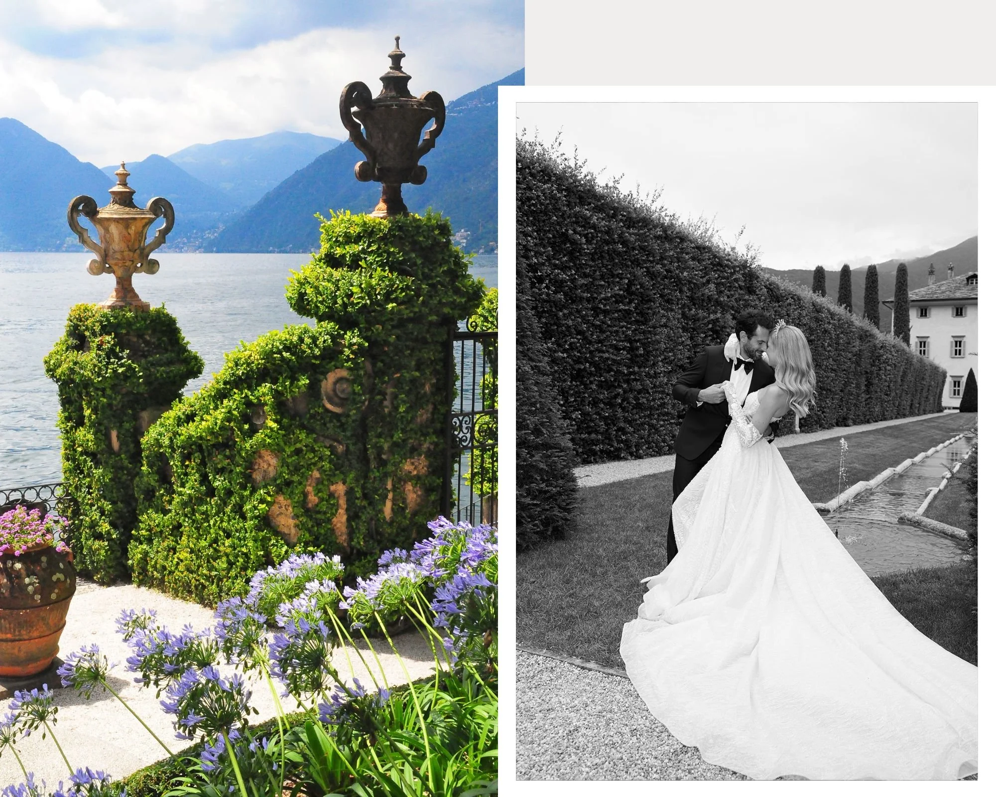 Bildausschnitt mit Garten am See mit Topiary und Brunnen, daneben ein Hochzeitsfoto in Schwarz-Weiß von einem Paar beim Tanz auf einer Wiese vor Hecken und einem Gebäude.