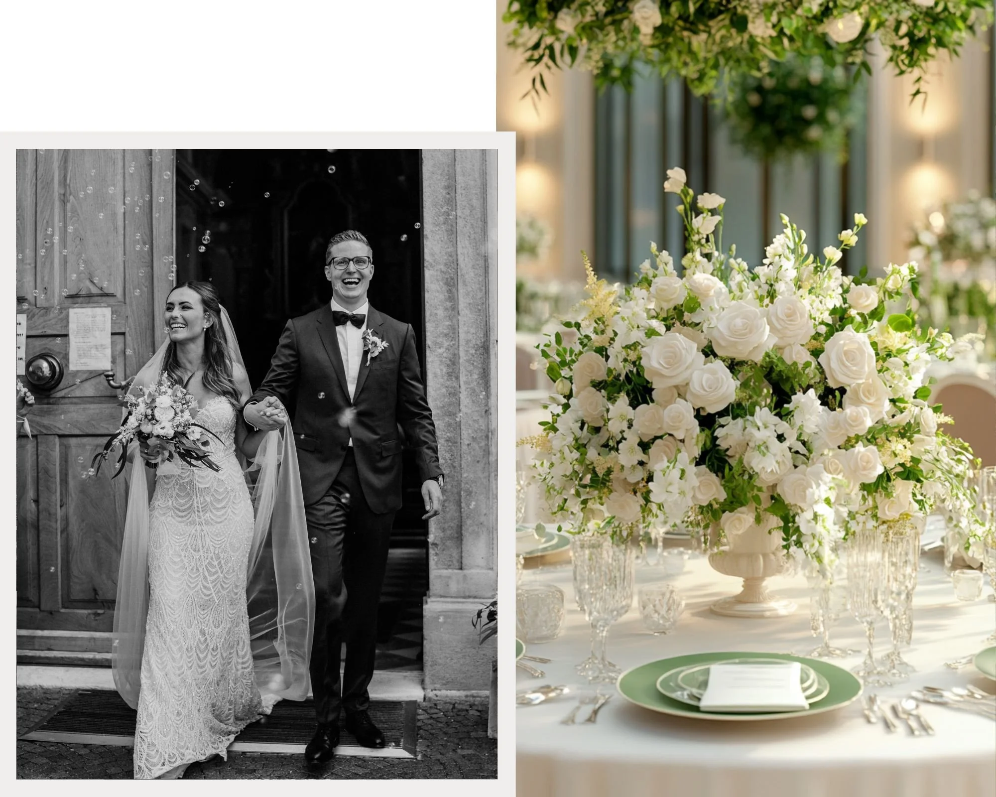 Hochzeitspaar, lachend bei der Zeremonie, und eleganter Tisch mit weißen Blumenarrangements