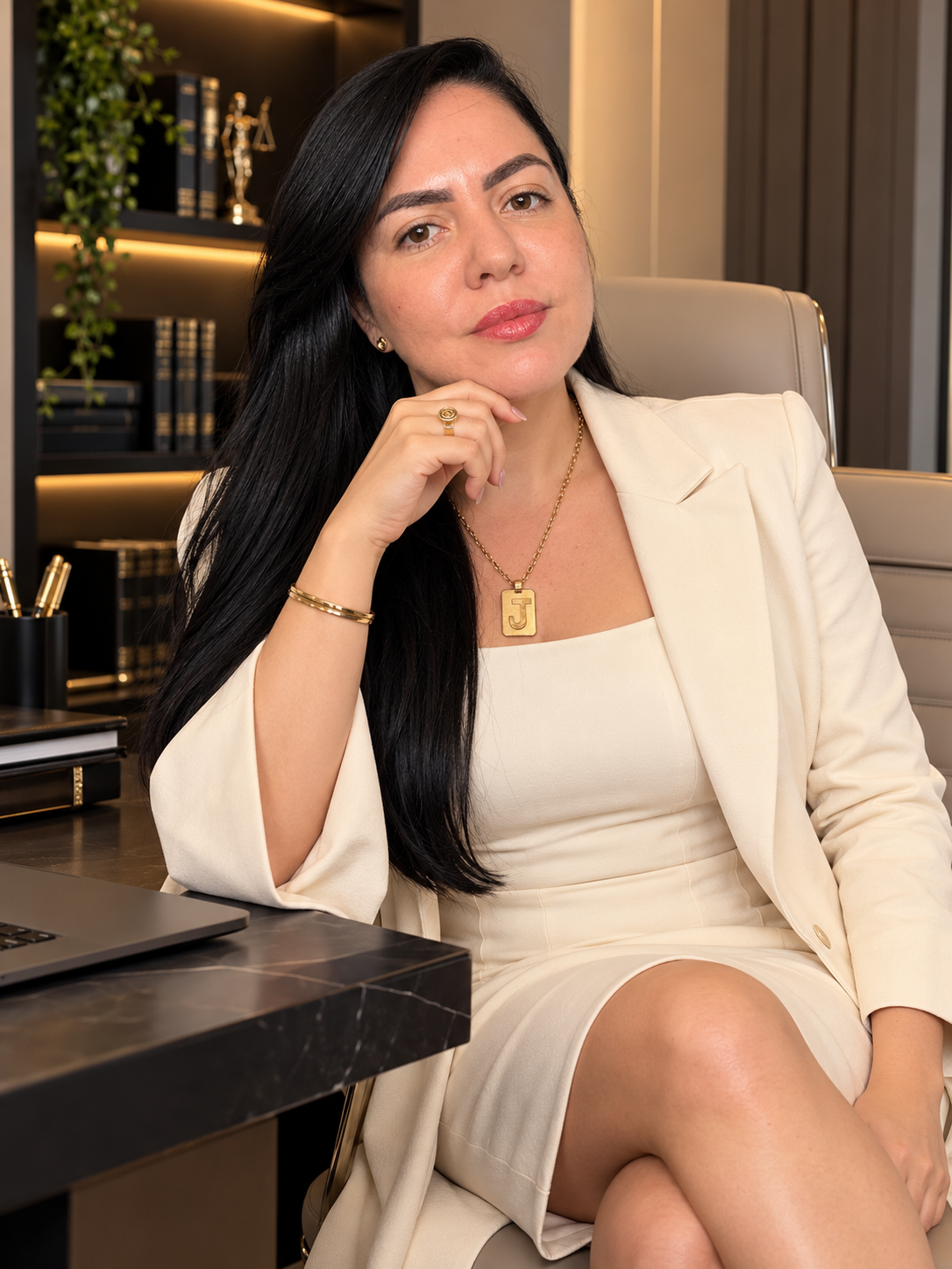 Mulher sentada em um escritório, usando roupa clara, com cabelo preto, expressando confiança e situação de trabalho.