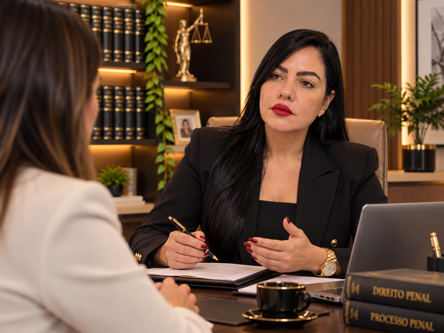 Mulher de cabelo preto e veste preta, sentada à mesa em escritório, conversa com outra pessoa, tem livros de direito na mesa, prêmios e plantas ao fundo.
