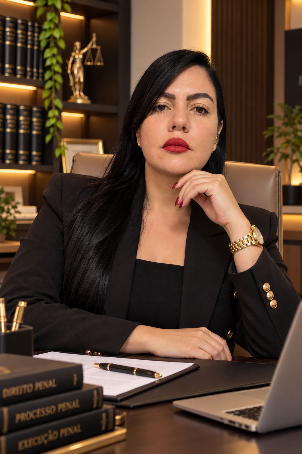 Mulher de cabelo longo preto, vestida com blazer preto, sentada em escritório com livros de direito na mesa e decoração elegante ao fundo.