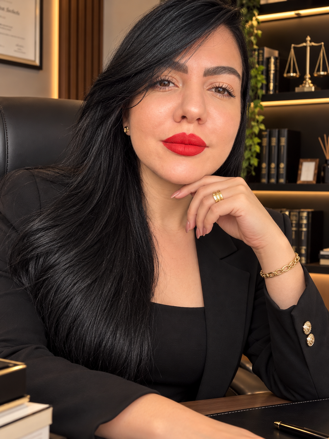 Mulher com cabelo preto e liso, usando maquiagem com batom vermelho, vestindo blazer preto, sentada em um escritório com livros, uma balança de justiça e decoração moderna ao fundo.