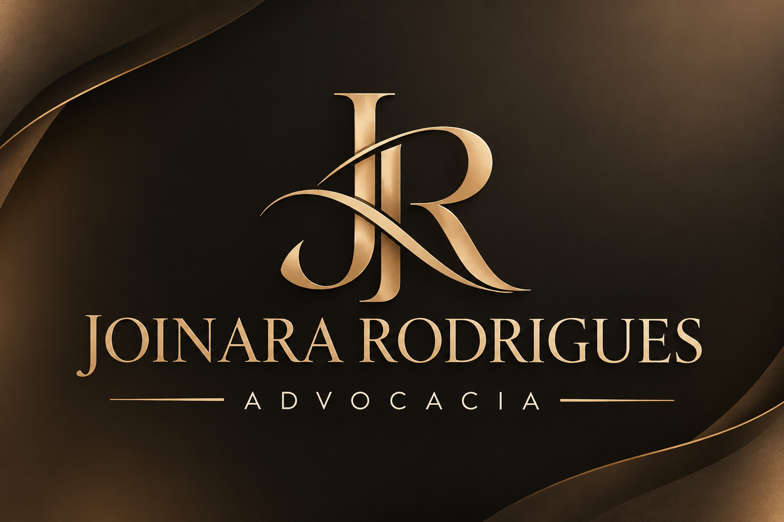 Logo dourado com letras 'J' e 'R' entrelaçadas sobre fundo preto, com o nome 'Joinara Rodrigues' e a palavra 'Advocacia' abaixo.