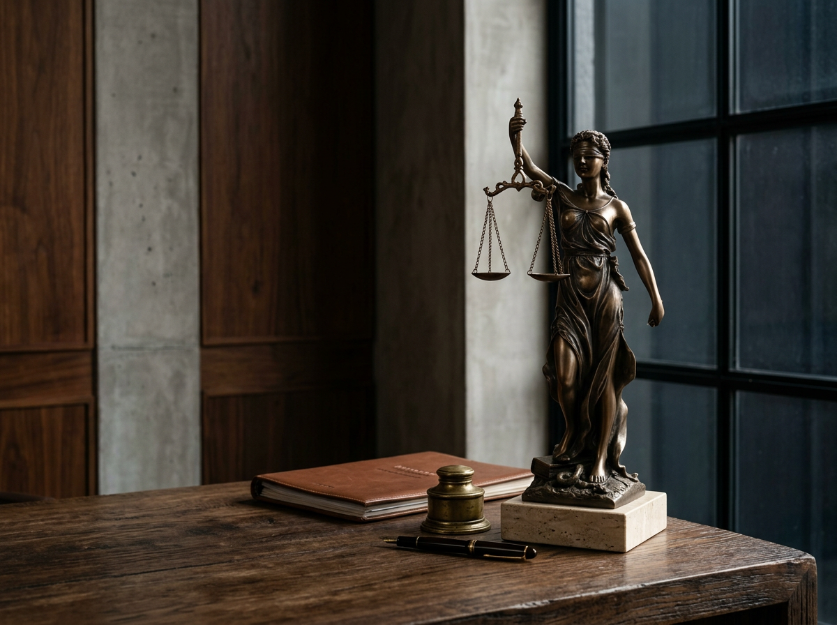Estátua de uma dama segurando uma balança, símbolo da justiça, colocada em uma mesa de madeira ao lado de um caderno, uma tampa de tinteiro e uma caneta.