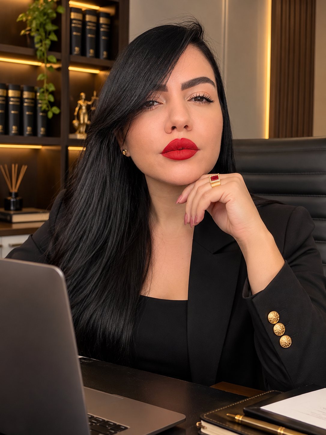Mulher de cabelo preto, usando vestido preto e blazer com botões dourados, com batom vermelho, sentada na escrivaninha de escritório com laptop, livros e caneta.