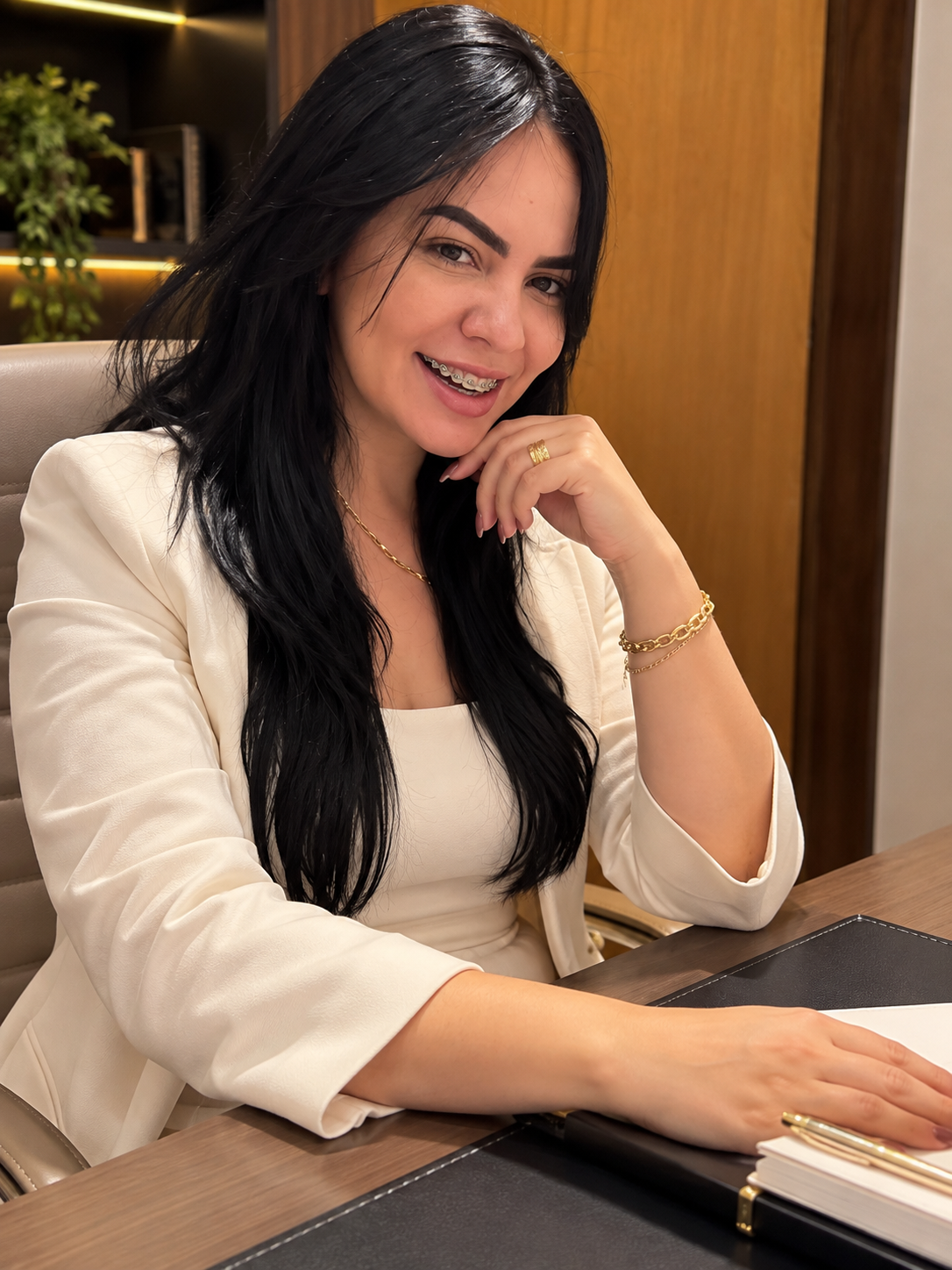 Mulher de cabelo preto, usando blazer branco, sorrindo, com joias douradas, sentada à mesa com caneta e caderno.