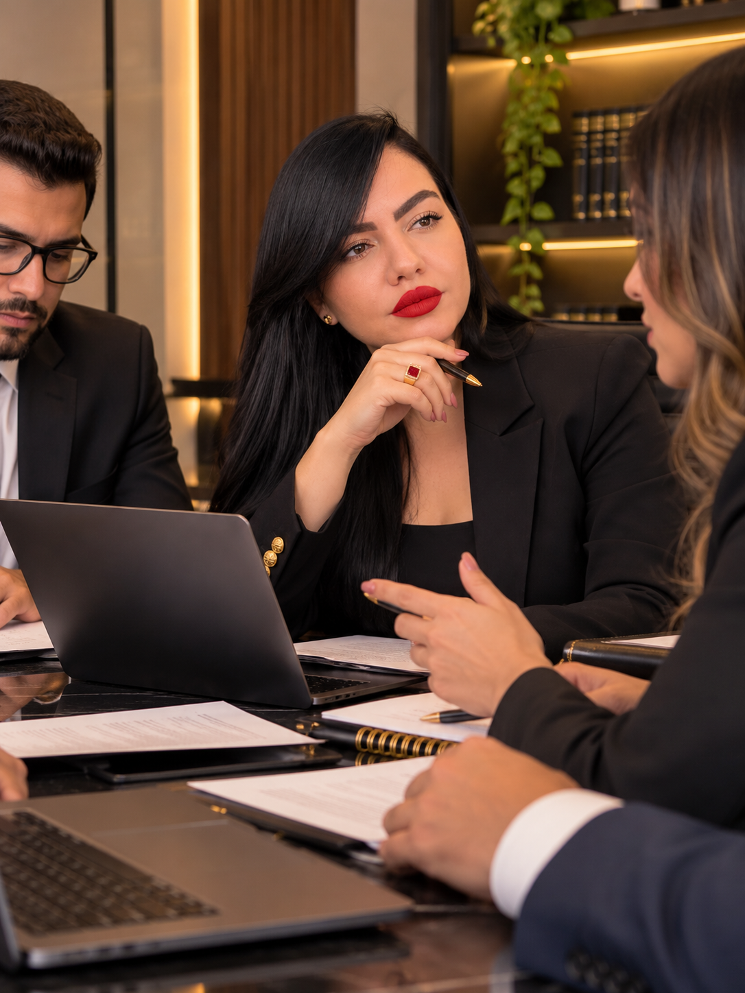 Mulheres e homem em reunião de negócios, sentados ao redor de uma mesa com laptops, documentos e canetas, em ambiente moderno e bem iluminado.