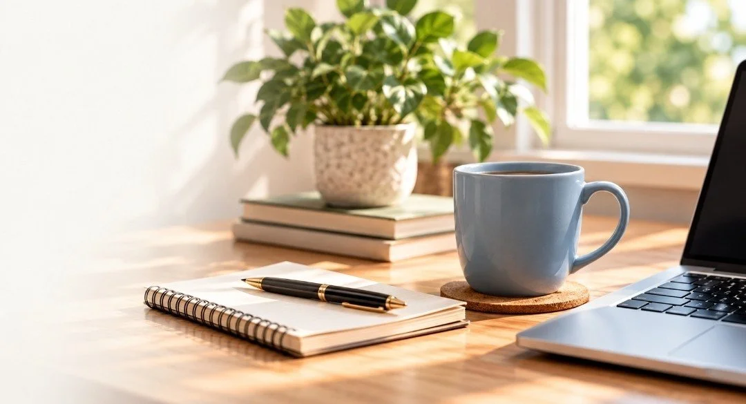 Desk with a notebook, pen, blue mug, potted plant, and laptop in a well-lit room.