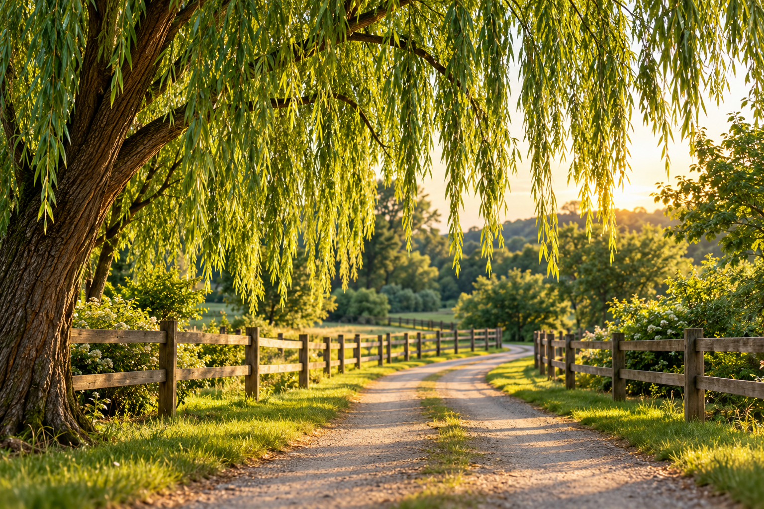 A dirt path winding through a green landscape with a large tree and hanging branches on the left, wooden fences lining the sides, and lush trees and bushes in the distance, all bathed in warm sunlight.