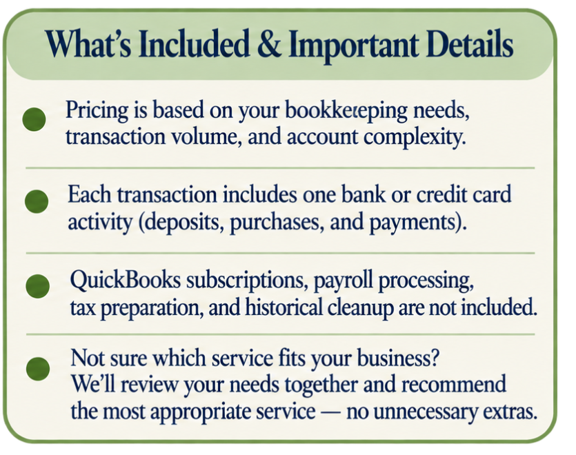 A green-themed informational sign listing what's included and important details for a bookkeeping service, including pricing based on needs, transaction volume, and complexity, with exclusions for certain services and offering personalized recommendations.