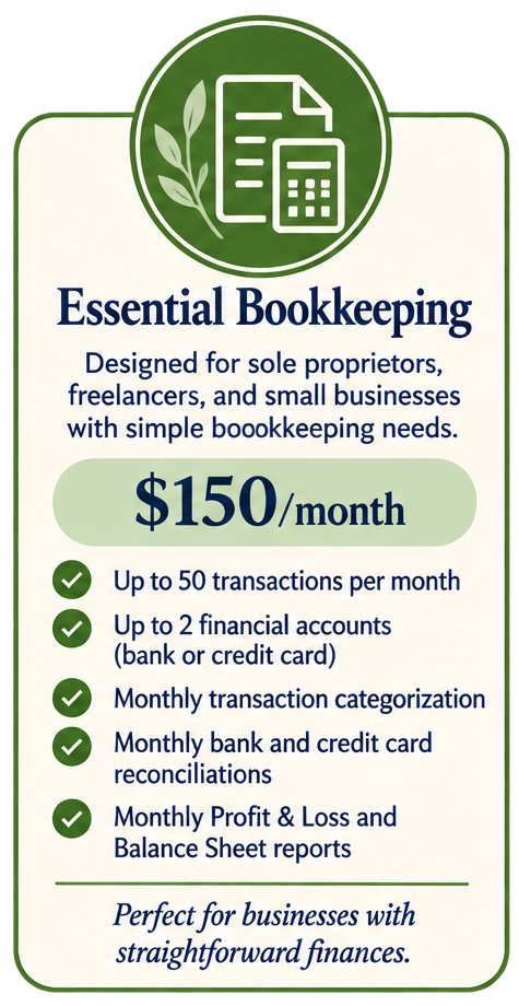 An advertisement for essential bookkeeping service costing $150 per month, designed for small businesses, freelancers, and sole proprietors, including up to 50 transactions, 2 accounts, and monthly reporting.