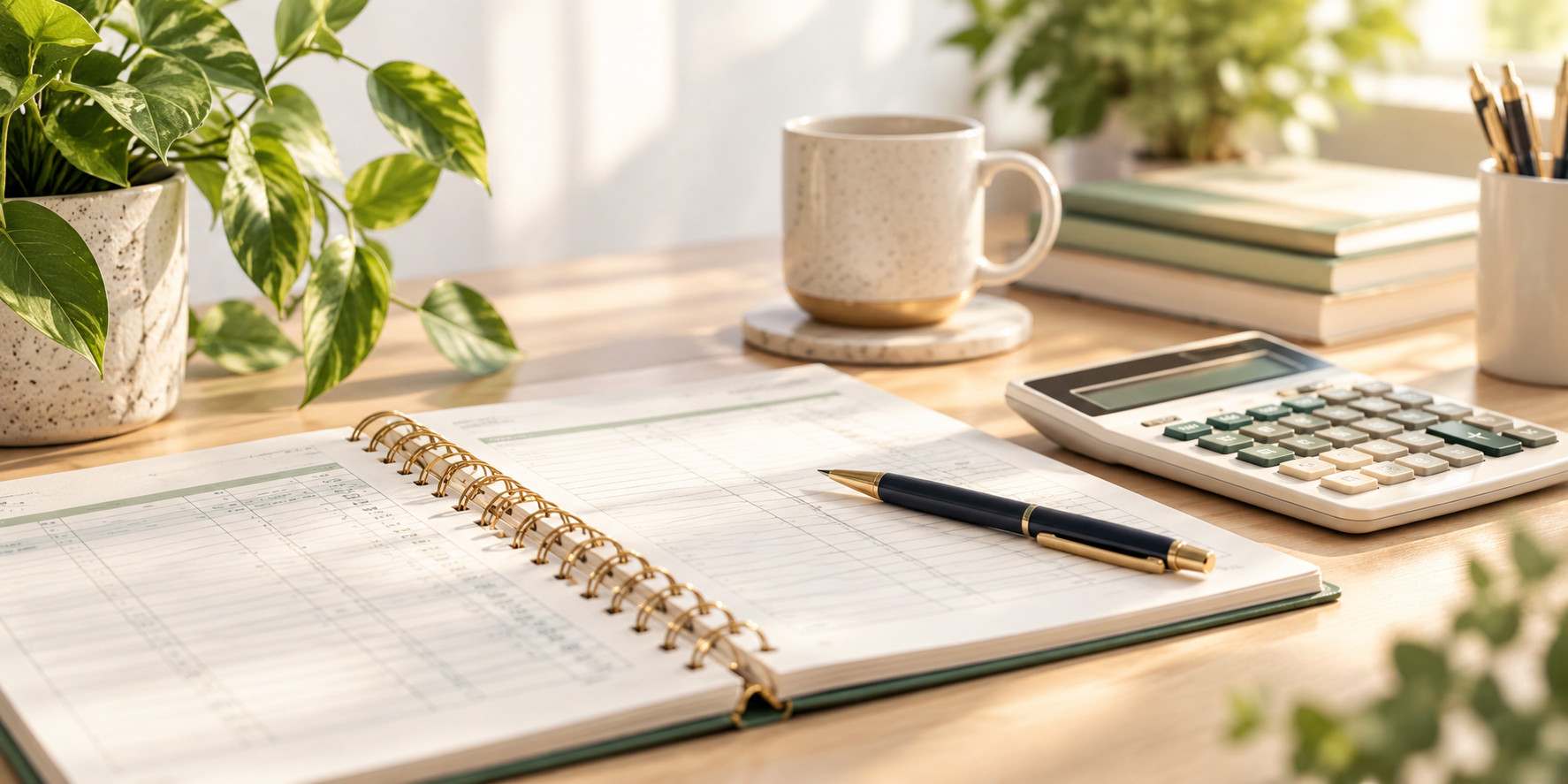 A tidy workspace featuring a wooden desk with a planner, a pen, a calculator, a stack of notebooks, a mug, and potted plants, illuminated by natural sunlight.