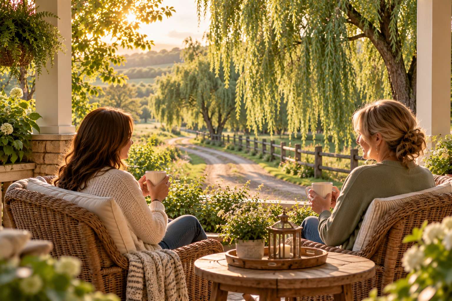Two women sit on a porch holding coffee mugs, enjoying a scenic rural landscape at sunset with trees, a dirt road, and a wooden fence in the background.
