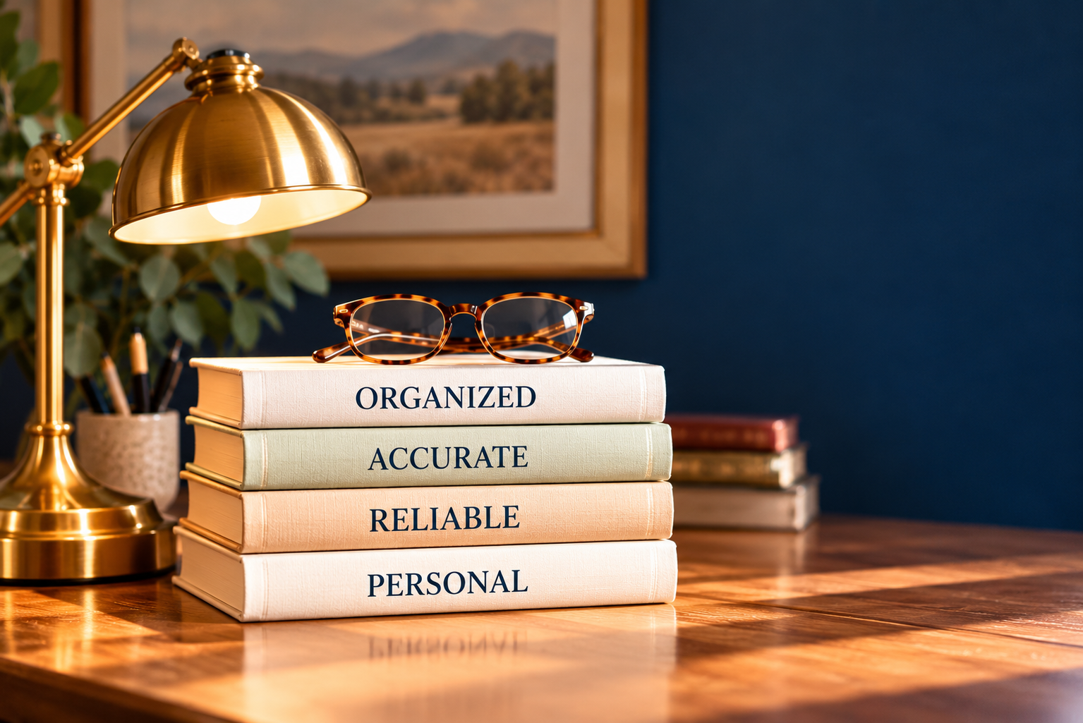 Four books labeled “Organized,” “Accurate,” “Reliable,” and “Personal,” topped with tortoiseshell glasses beside a brass desk lamp.