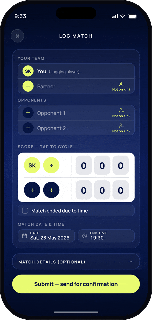 Mobile app screen showing a log match form with sections for team's players, opponents, score input, match date and time, and a submit button