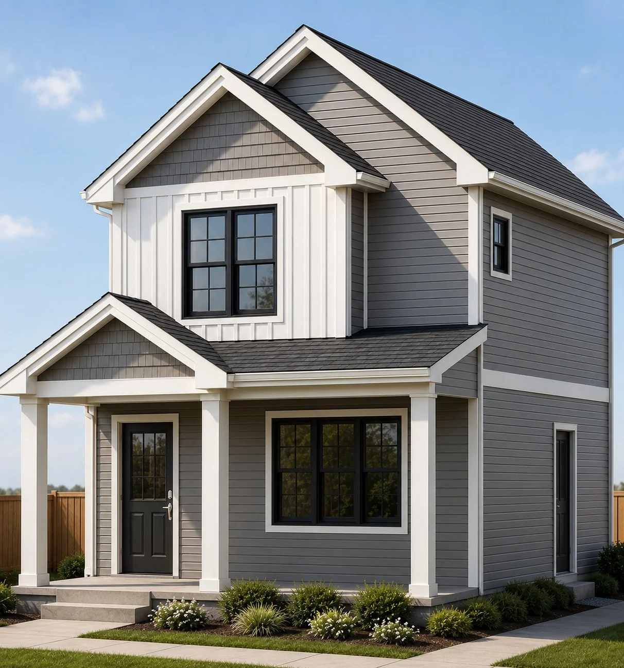 Two-story modern house with grey siding, black window frames, small front porch with white columns, and a well-kept lawn with small shrubs.