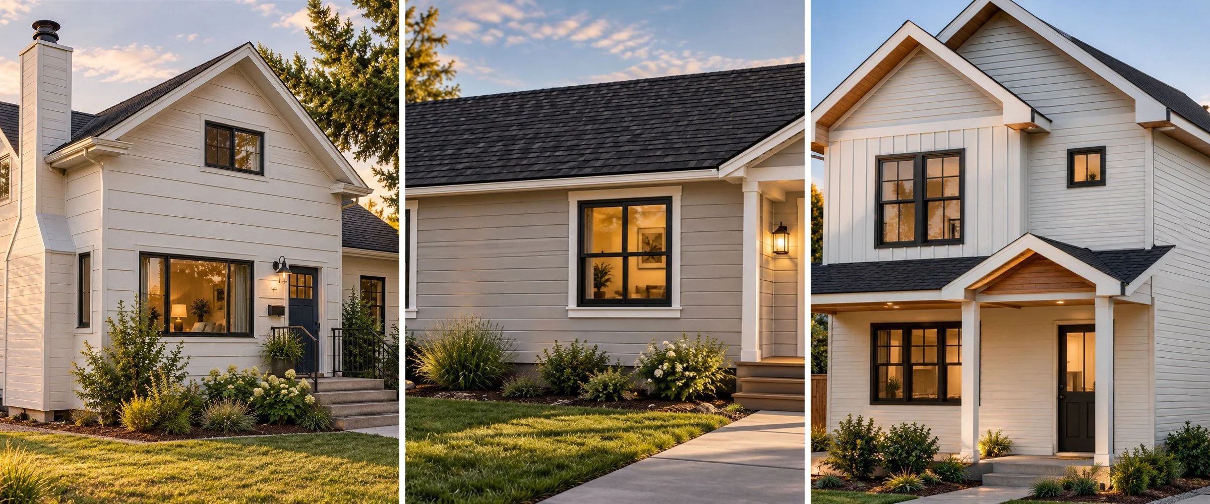 Three modern white houses with black window frames, featuring front porches and well-maintained lawns, during sunset.