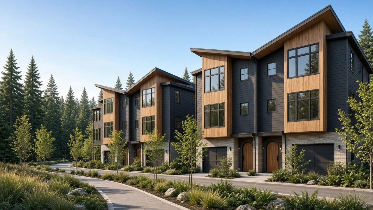 Modern townhouses with large windows, wooden and black exterior siding, situated among greenery and trees under a clear sky.