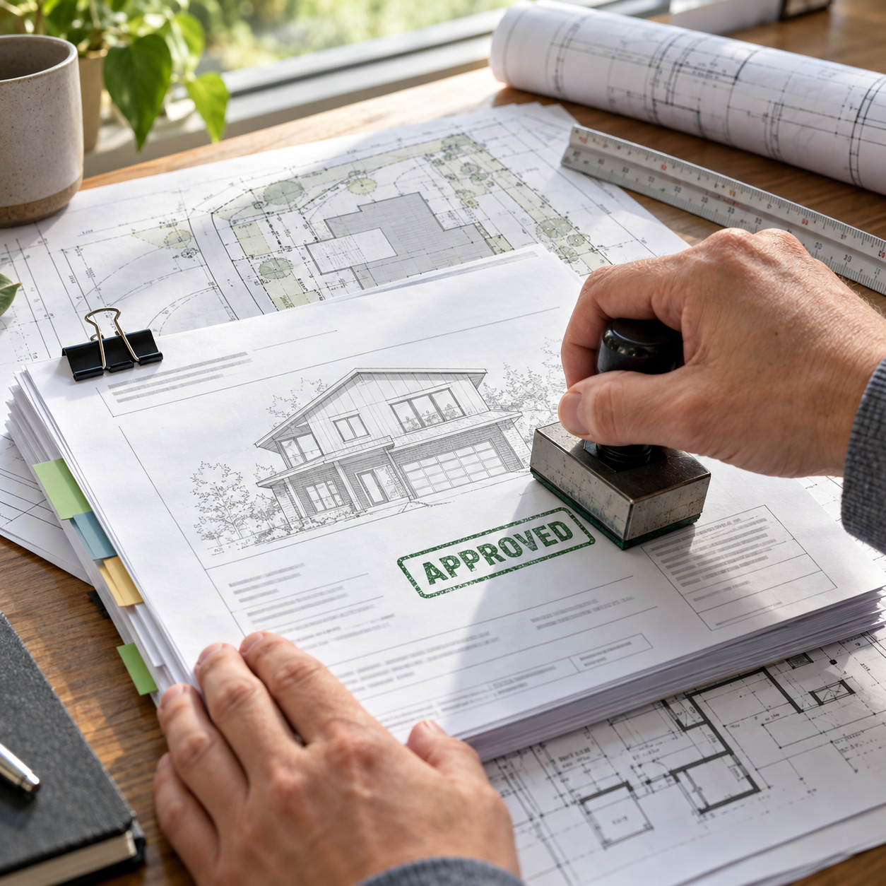 Architect reviewing and stamping approved blueprints and plans for a house design on a wooden desk.